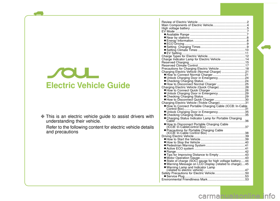 KIA Soul EV 2015 2.G Owners Manual Electric Vehicle Guide
❈This is an electric vehicle guide to assist drivers with
understanding their vehicle.
Refer to the following content for electric vehicle details
and precautions
Review of E KIA Soul EV 2015 2.G Owners Manual Electric Vehicle Guide
❈This is an electric vehicle guide to assist drivers with
understanding their vehicle.
Refer to the following content for electric vehicle details
and precautions
Review of E