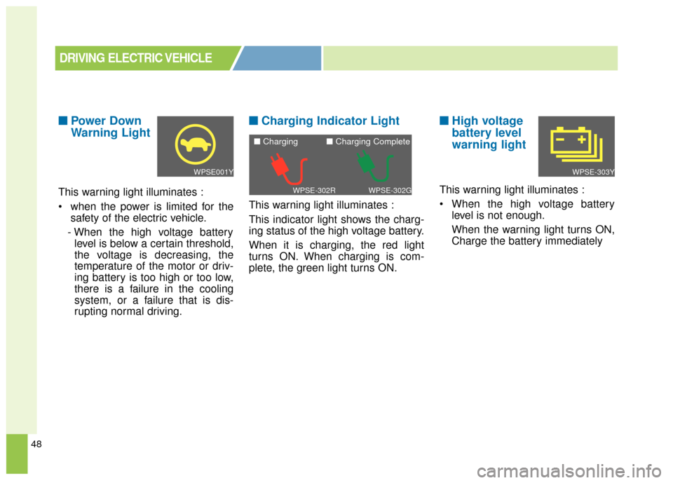 KIA Soul EV 2015 2.G Owners Manual 48
■
■Power Down
Warning Light
This warning light illuminates :
 when the power is limited for the
safety of the electric vehicle.
- When the high voltage battery level is below a certain threshol