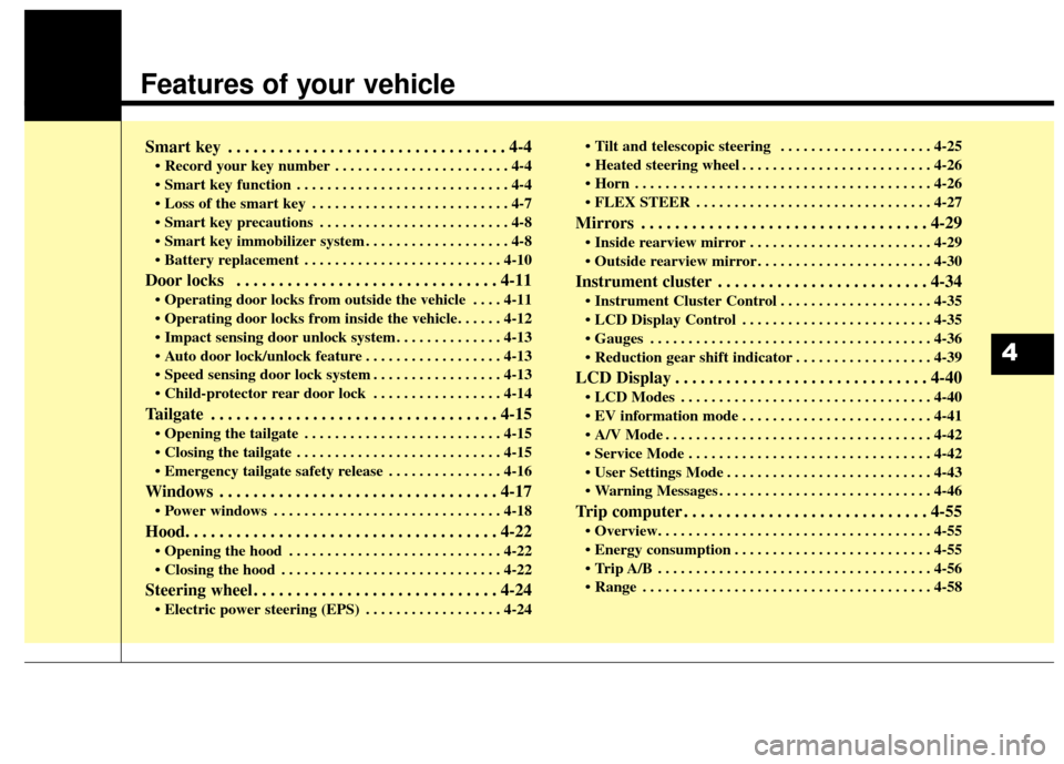KIA Soul EV 2015 2.G Owners Manual Features of your vehicle
Smart key . . . . . . . . . . . . . . . . . . . . . . . . . . . . . . . . . 4-4
• Record your key number . . . . . . . . . . . . . . . . . . . . . . . 4-4
. . . . . . . . . KIA Soul EV 2015 2.G Owners Manual Features of your vehicle
Smart key . . . . . . . . . . . . . . . . . . . . . . . . . . . . . . . . . 4-4
• Record your key number . . . . . . . . . . . . . . . . . . . . . . . 4-4
. . . . . . . . .