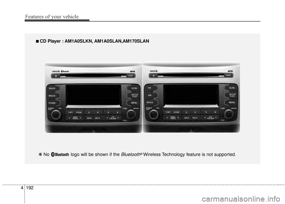 KIA Sportage 2015 QL / 4.G Owners Manual Features of your vehicle
192
4
■
■  
 CD Player : AM1A0SLKN, AM1A0SLAN,AM170SLAN
❋  No  logo will be shown if the 
Bluetooth®Wireless Technology feature is not supported. 