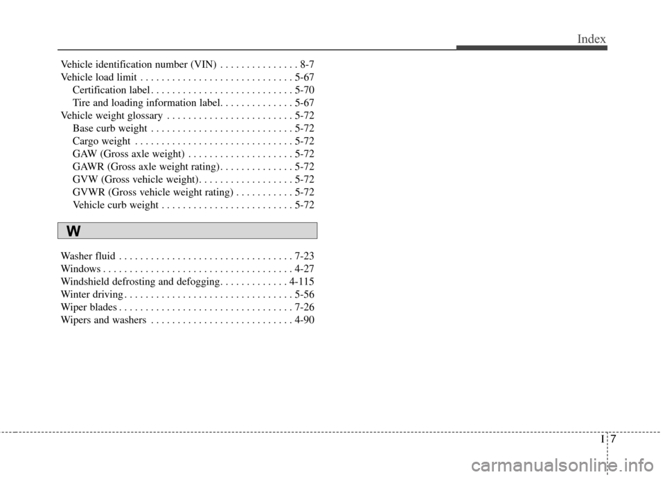 KIA Sportage 2015 QL / 4.G Owners Manual I7
Index
Vehicle identification number (VIN) . . . . . . . . . . . . . . . 8-7
Vehicle load limit . . . . . . . . . . . . . . . . . . . . . . . . . . . . . 5-67Certification label . . . . . . . . . . KIA Sportage 2015 QL / 4.G Owners Manual I7
Index
Vehicle identification number (VIN) . . . . . . . . . . . . . . . 8-7
Vehicle load limit . . . . . . . . . . . . . . . . . . . . . . . . . . . . . 5-67Certification label . . . . . . . . . .