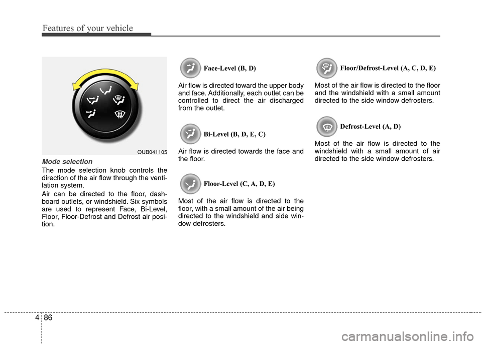 KIA Rio 2016 3.G Owners Manual Features of your vehicle
86
4
Mode selection
The mode selection knob controls the
direction of the air flow through the venti-
lation system.
Air can be directed to the floor, dash-
board outlets, or 