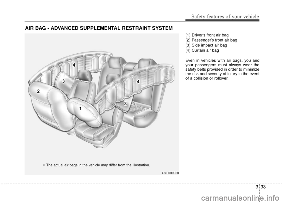 KIA Rio 2016 3.G Owners Manual 333
Safety features of your vehicle
(1) Driver’s front air bag
(2) Passenger’s front air bag
(3) Side impact air bag
(4) Curtain air bag
Even in vehicles with air bags, you and
your passengers mus