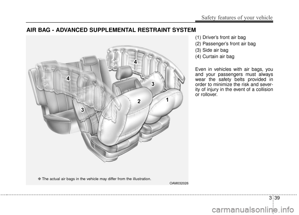 KIA Soul 2016 2.G Owners Manual 339
Safety features of your vehicle
(1) Driver’s front air bag
(2) Passenger’s front air bag
(3) Side air bag
(4) Curtain air bag
Even in vehicles with air bags, you
and your passengers must alway