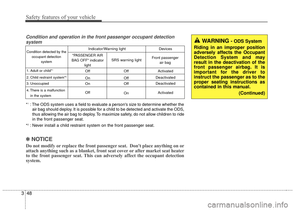 KIA Soul 2016 2.G Owners Manual Safety features of your vehicle
48
3
Condition and operation in the front passenger occupant detection
system
*1: The ODS system uses a field to evaluate a persons size to determine whether the
air b KIA Soul 2016 2.G Owners Manual Safety features of your vehicle
48
3
Condition and operation in the front passenger occupant detection
system
*1: The ODS system uses a field to evaluate a persons size to determine whether the
air b