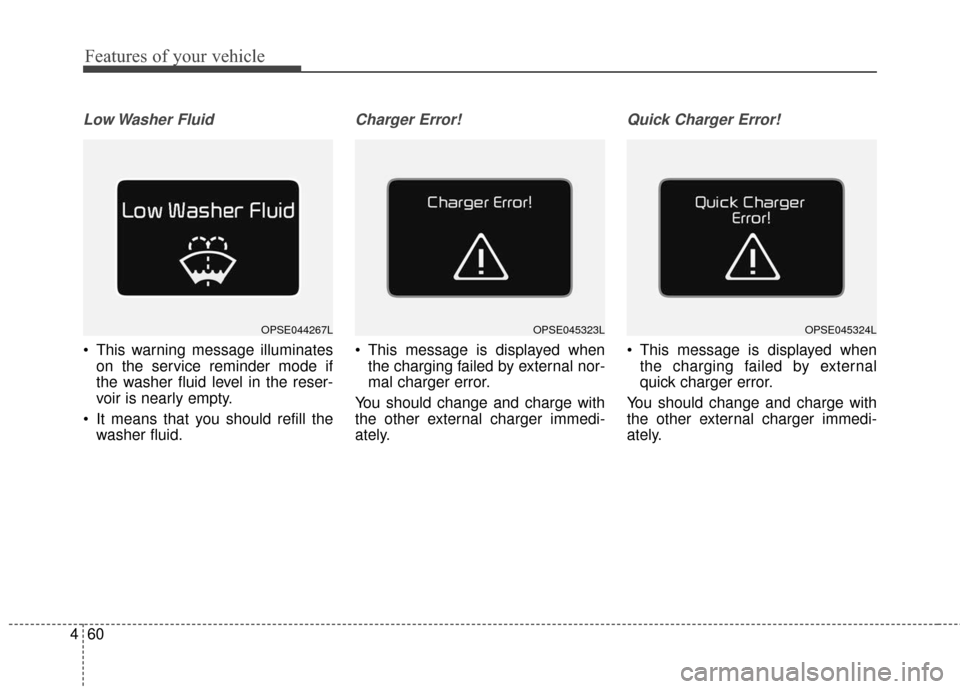 KIA Soul EV 2016 2.G Owners Manual Features of your vehicle
60
4
Low Washer  Fluid
 This warning message illuminates
on the service reminder mode if
the washer fluid level in the reser-
voir is nearly empty.
 It means that you should r