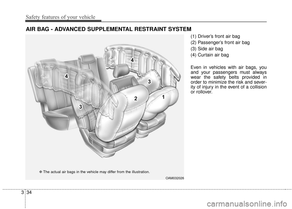KIA Soul EV 2016 2.G Owners Manual Safety features of your vehicle
34
3
(1) Driver’s front air bag
(2) Passenger’s front air bag
(3) Side air bag
(4) Curtain air bag
Even in vehicles with air bags, you
and your passengers must alwa
