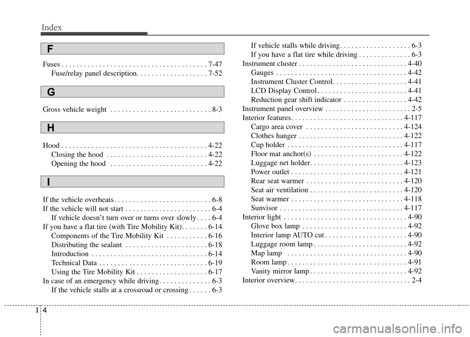 KIA Soul EV 2016 2.G Owners Manual Index
4I
Fuses . . . . . . . . . . . . . . . . . . . . . . . . . . . . . . . . . . . . \
. . . 7-47Fuse/relay panel description. . . . . . . . . . . . . . . . . . . 7-52
Gross vehicle weight . . . . KIA Soul EV 2016 2.G Owners Manual Index
4I
Fuses . . . . . . . . . . . . . . . . . . . . . . . . . . . . . . . . . . . . \
. . . 7-47Fuse/relay panel description. . . . . . . . . . . . . . . . . . . 7-52
Gross vehicle weight . . . .