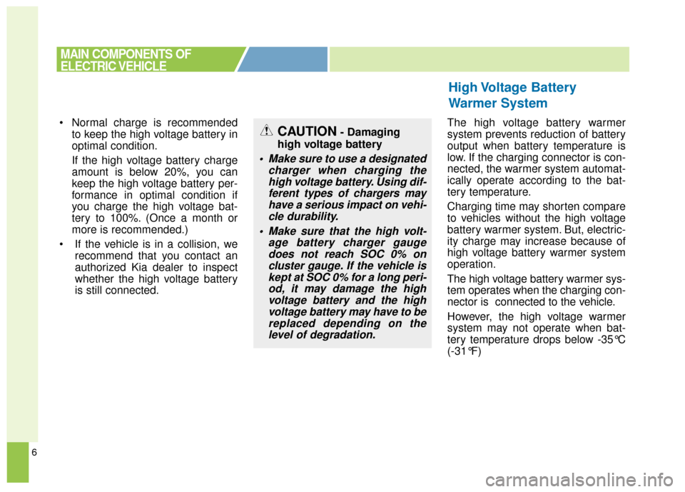 KIA Soul EV 2016 2.G Owners Manual 6
Normal charge is recommendedto keep the high voltage battery in
optimal condition.
If the high voltage battery charge
amount is below 20%, you can
keep the high voltage battery per-
formance in opt KIA Soul EV 2016 2.G Owners Manual 6
Normal charge is recommendedto keep the high voltage battery in
optimal condition.
If the high voltage battery charge
amount is below 20%, you can
keep the high voltage battery per-
formance in opt