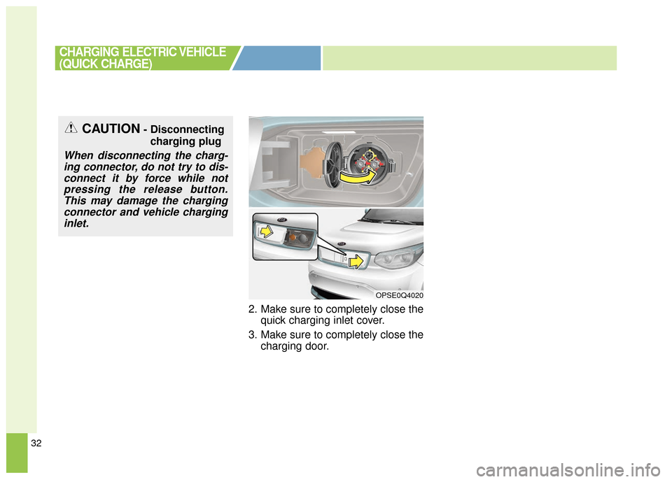 KIA Soul EV 2016 2.G Owners Manual 32
2. Make sure to completely close thequick charging inlet cover.
3. Make sure to completely close the charging door.
CHARGING ELECTRIC VEHICLE
(QUICK CHARGE)
OPSE0Q4020
CAUTION- Disconnecting
chargi