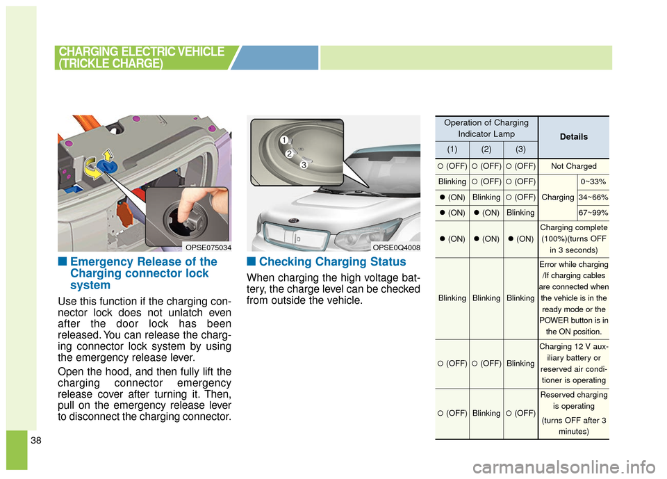 KIA Soul EV 2016 2.G Owners Manual 38
■ ■Emergency Release of the
Charging connector lock
system
Use this function if the charging con-
nector lock does not unlatch even
after the door lock has been
released. You can release the ch KIA Soul EV 2016 2.G Owners Manual 38
■ ■Emergency Release of the
Charging connector lock
system
Use this function if the charging con-
nector lock does not unlatch even
after the door lock has been
released. You can release the ch