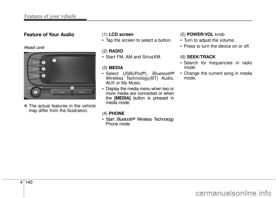 KIA Soul EV 2017 2.G Owners Manual Features of your vehicle
140
4
Feature of Your Audio
Head unit
❈ The actual features in the vehicle
may differ from the illustration. (1) 
LCD screen
 Tap the screen to select a button.
(2)  RADIO
 