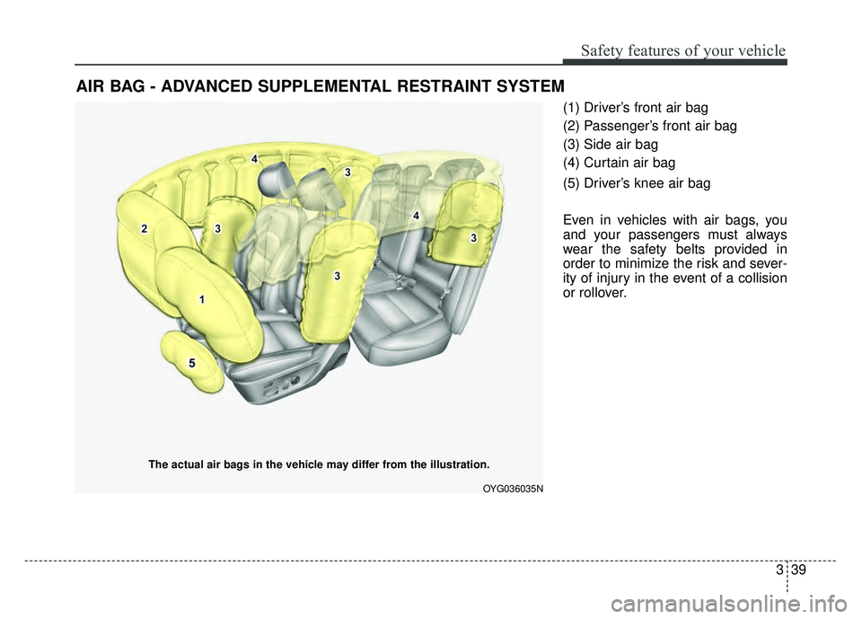 KIA CADENZA 2018  Owners Manual 339
Safety features of your vehicle
(1) Driver’s front air bag
(2) Passenger’s front air bag
(3) Side air bag
(4) Curtain air bag
(5) Driver’s knee air bag
Even in vehicles with air bags, you
an