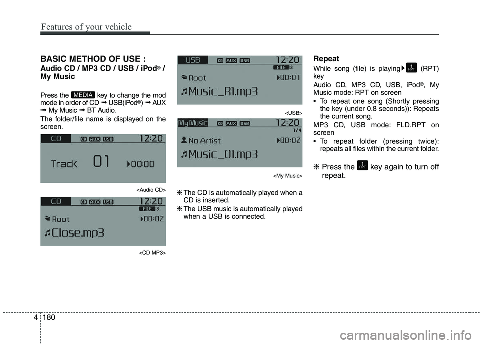 KIA PICANTO 2016  Owners Manual Features of your vehicle
1804BASIC METHOD OF USE : 
Audio CD / MP3 CD / USB / iPod
®
/
My Music 
Press the  key to change the mod mode in order of CD  ➟ USB(iPod ®
)  ➟  AUX
➟  My Music  ➟ B