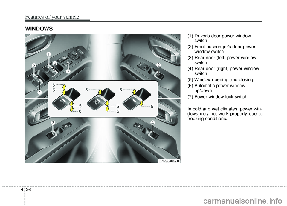 KIA SOUL 2019  Owners Manual Features of your vehicle
26
4
(1) Driver’s door power window
switch
(2) Front passenger’s door power window switch
(3) Rear door (left) power window switch
(4) Rear door (right) power window switc