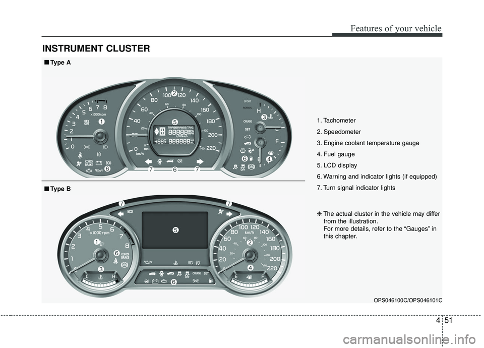 KIA SOUL 2019  Owners Manual 451
Features of your vehicle
INSTRUMENT CLUSTER
1. Tachometer 
2. Speedometer
3. Engine coolant temperature gauge
4. Fuel gauge
5. LCD display
6. Warning and indicator lights (if equipped)
7. Turn sig