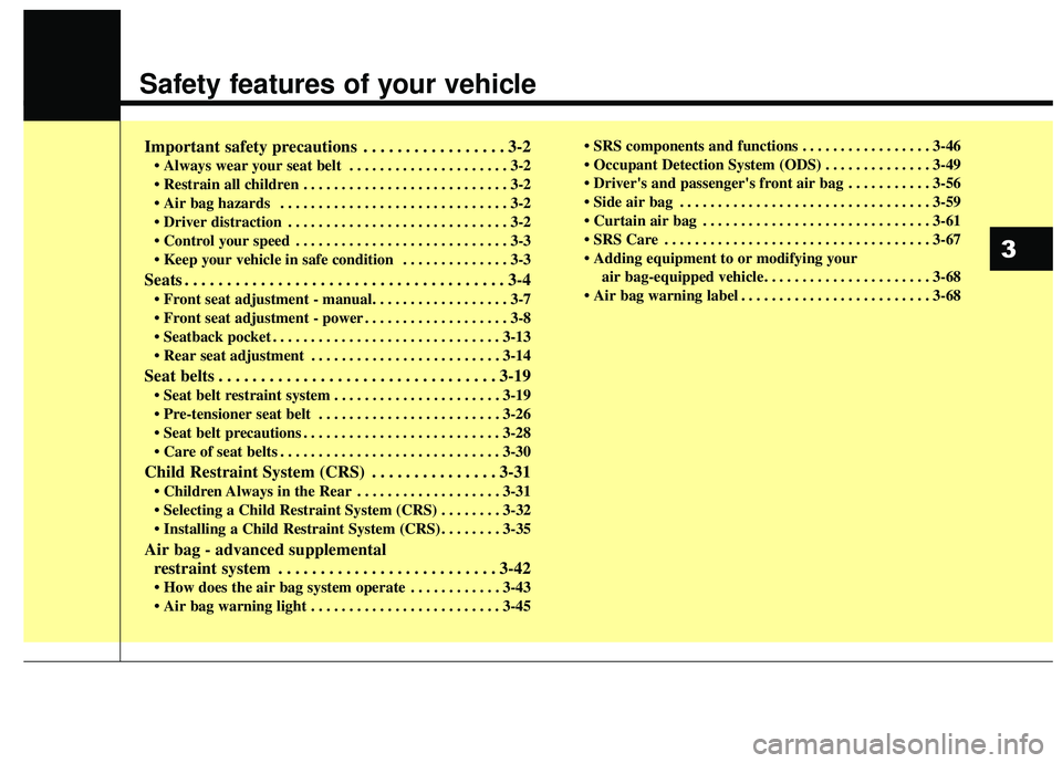 KIA SOUL 2019  Owners Manual Safety features of your vehicle
Important safety precautions . . . . . . . . . . . . . . . . . 3-2
• Always wear your seat belt  . . . . . . . . . . . . . . . . . . . . . 3-2
 . . . . . . . . . . . 