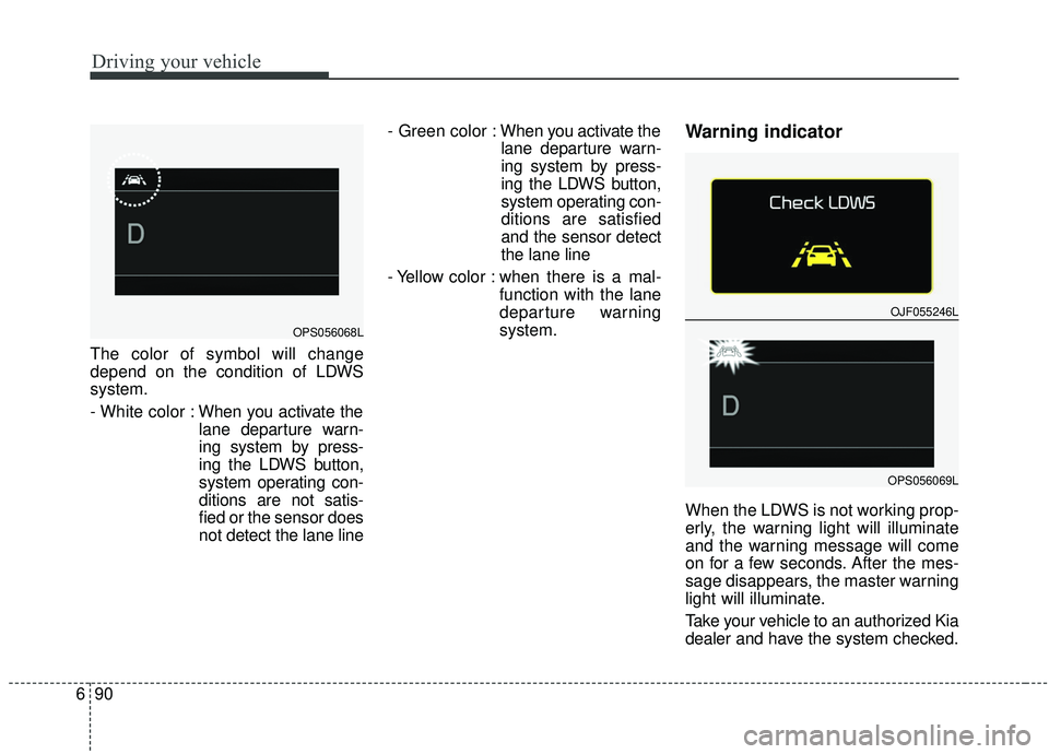 KIA SOUL 2019  Owners Manual Driving your vehicle
90
6
The color of symbol will change
depend on the condition of LDWS
system.
- White color : When you activate the
lane departure warn-
ing system by press-
ing the LDWS button,
s