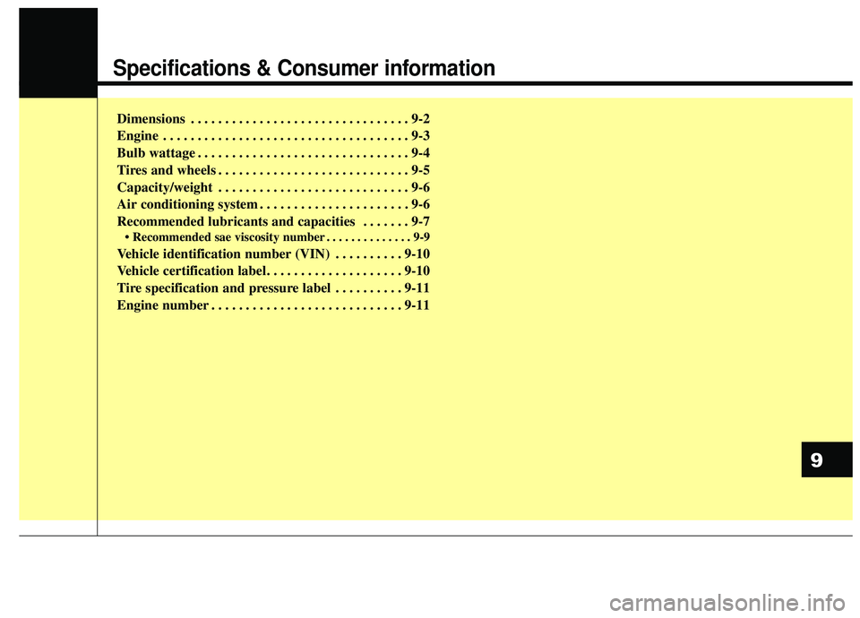KIA SOUL 2019  Owners Manual Specifications & Consumer information
Dimensions . . . . . . . . . . . . . . . . . . . . . . . . . . . . . . . . 9-2
Engine . . . . . . . . . . . . . . . . . . . . . . . . . . . . . . . . . . . . \
9-
