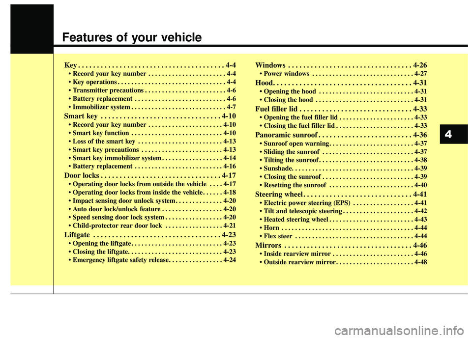 KIA SOUL 2019  Owners Manual Features of your vehicle
Key . . . . . . . . . . . . . . . . . . . . . . . . . . . . . . . . . . . . \
. . . 4-4
• Record your key number . . . . . . . . . . . . . . . . . . . . . . . 4-4
 . . . . .