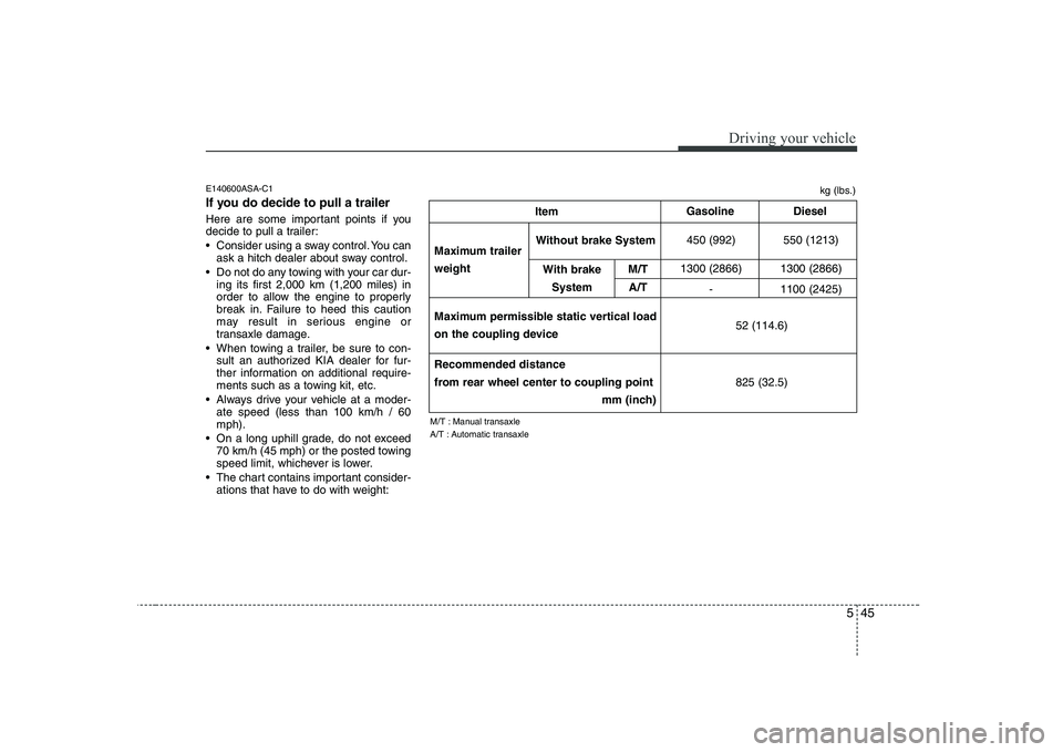 KIA SOUL 2009 Owners Manual 545
Driving your vehicle
E140600ASA-C1
If you do decide to pull a trailer
Here are some important points if you
decide to pull a trailer:
Consider using a sway control. You canask a hitch dealer KIA SOUL 2009 Owners Manual 545
Driving your vehicle
E140600ASA-C1
If you do decide to pull a trailer
Here are some important points if you
decide to pull a trailer:
Consider using a sway control. You canask a hitch dealer