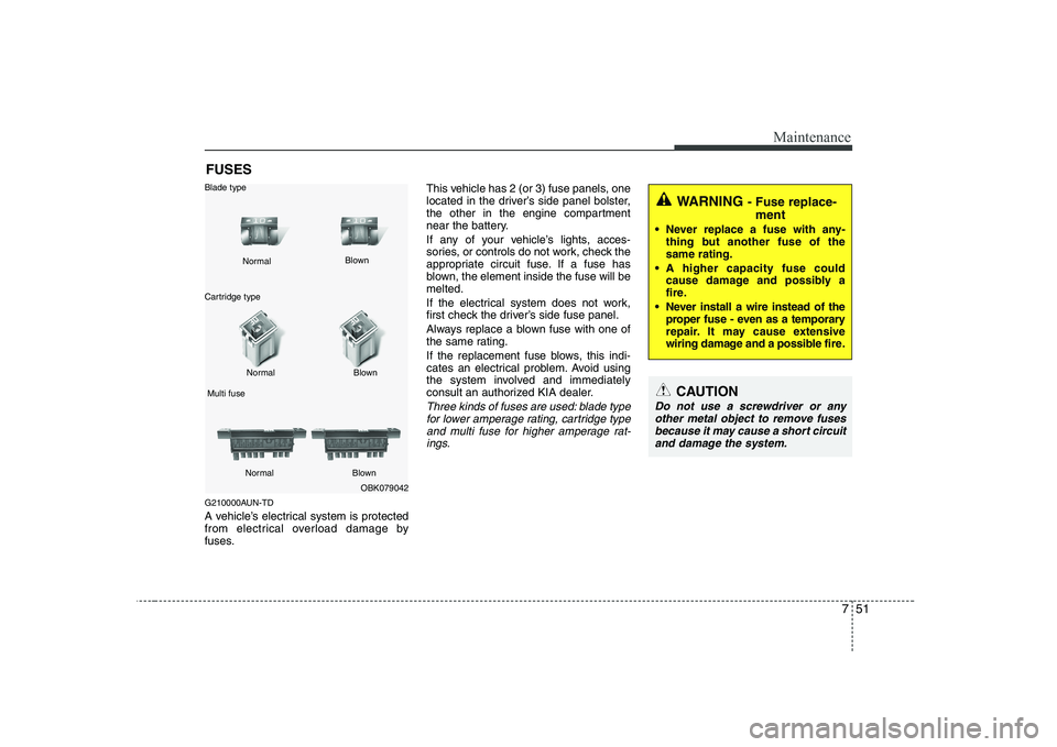KIA SOUL 2009  Owners Manual 751
Maintenance
FUSES
G210000AUN-TD 
A vehicle’s electrical system is protected 
from electrical overload damage by
fuses. This vehicle has 2 (or 3) fuse panels, one
located in the driver’s side p