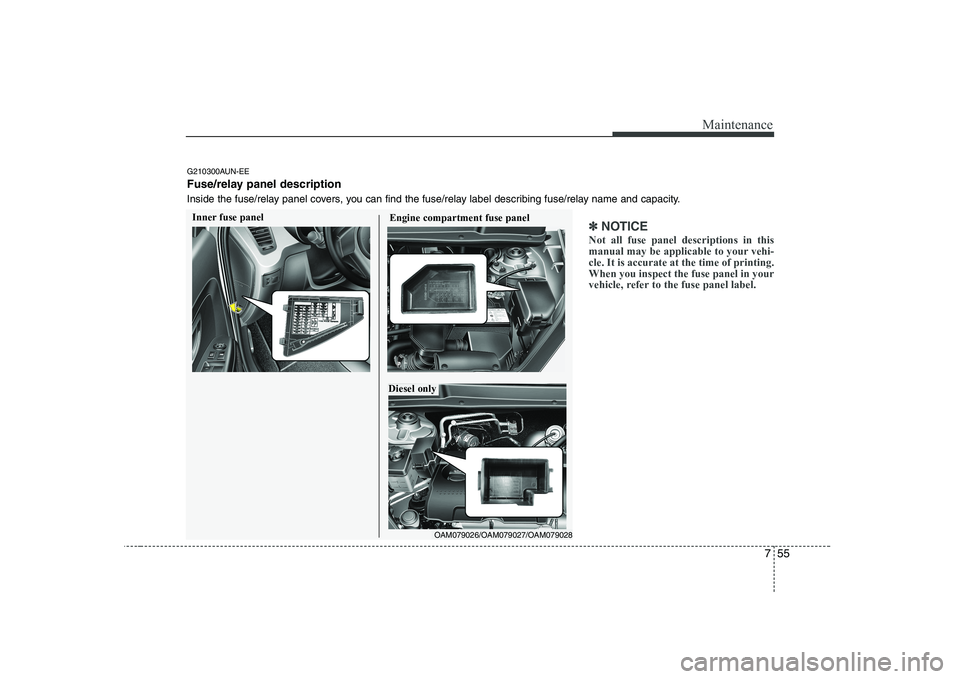 KIA SOUL 2009  Owners Manual 755
Maintenance
✽✽NOTICE
Not all fuse panel descriptions in this 
manual may be applicable to your vehi-cle. It is accurate at the time of printing.When you inspect the fuse panel in your
vehicle,
