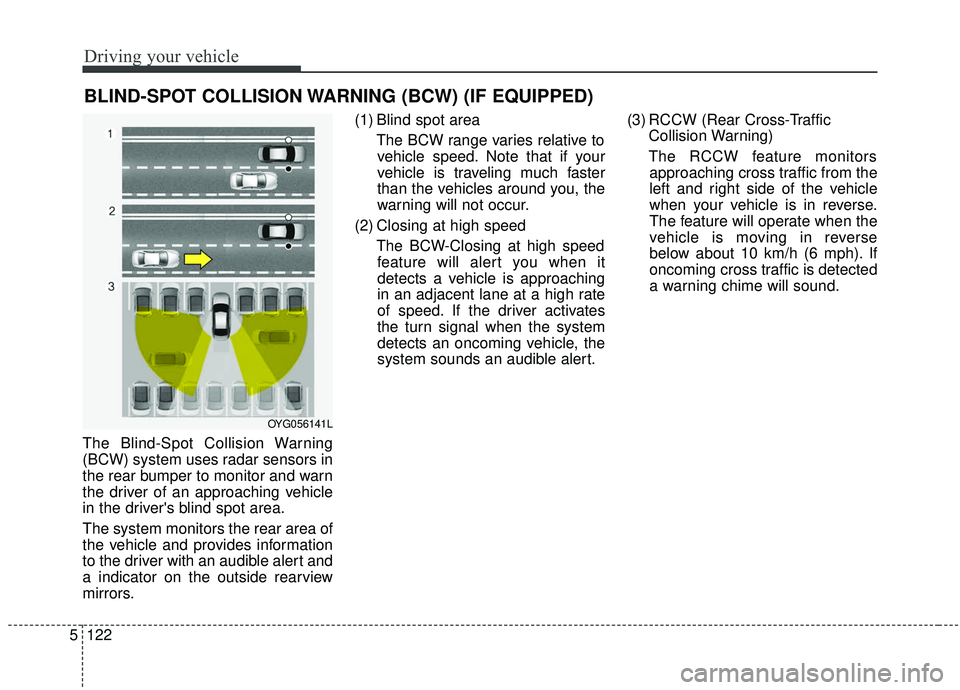 KIA STINGER 2020 Owners Manual Driving your vehicle
122
5
The Blind-Spot Collision Warning
(BCW) system uses radar sensors in
the rear bumper to monitor and warn
the driver of an approaching vehicle
in the drivers blind spot area. KIA STINGER 2020 Owners Manual Driving your vehicle
122
5
The Blind-Spot Collision Warning
(BCW) system uses radar sensors in
the rear bumper to monitor and warn
the driver of an approaching vehicle
in the drivers blind spot area.