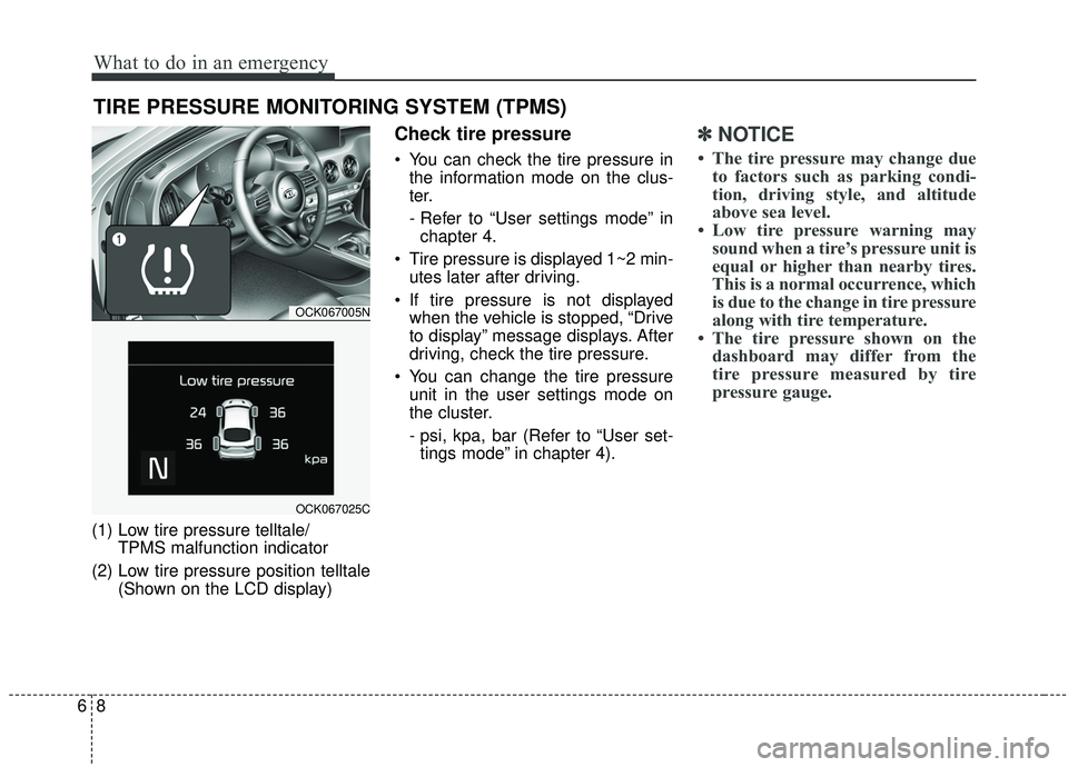 KIA STINGER 2019  Owners Manual What to do in an emergency
86
TIRE PRESSURE MONITORING SYSTEM (TPMS)
(1) Low tire pressure telltale/TPMS malfunction indicator
(2) Low tire pressure position telltale (Shown on the LCD display)
Check 