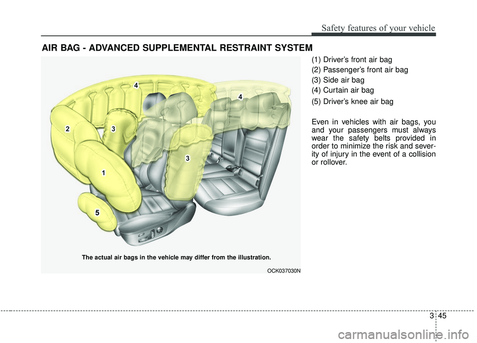 KIA STINGER 2019  Owners Manual 345
Safety features of your vehicle
(1) Driver’s front air bag
(2) Passenger’s front air bag
(3) Side air bag
(4) Curtain air bag
(5) Driver’s knee air bag
Even in vehicles with air bags, you
an
