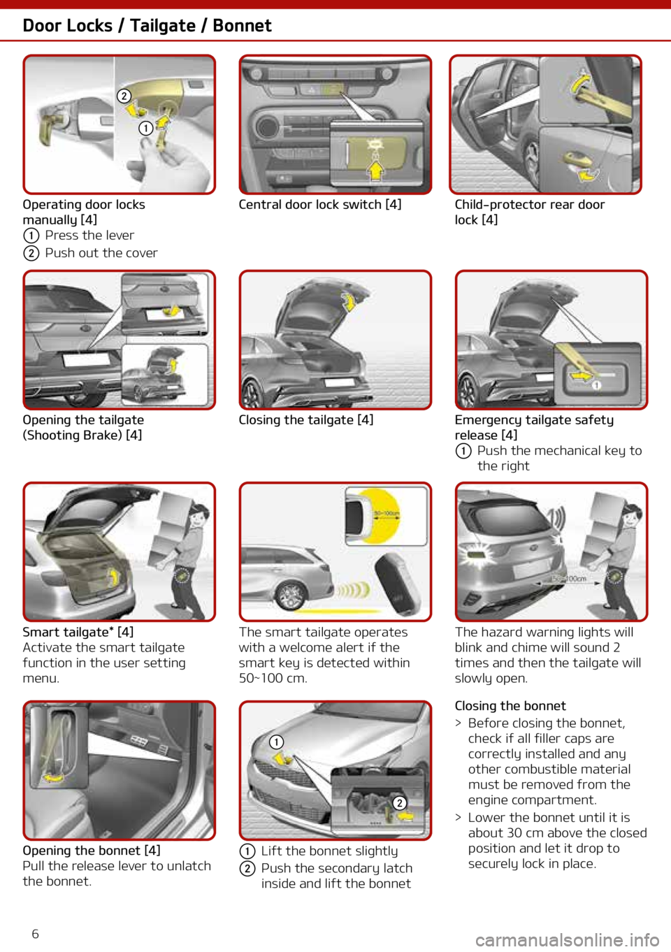 KIA CEED 2021  Owners Manual 6
Door Locks / Tailgate / Bonnet
Central door lock switch [4] Child-protector rear door 
lock   [4]
Opening the tailgate 
(Shooting
 
Brake)
 
[4] Closing the tailgate
  [4]Emergency tailgate safety 

