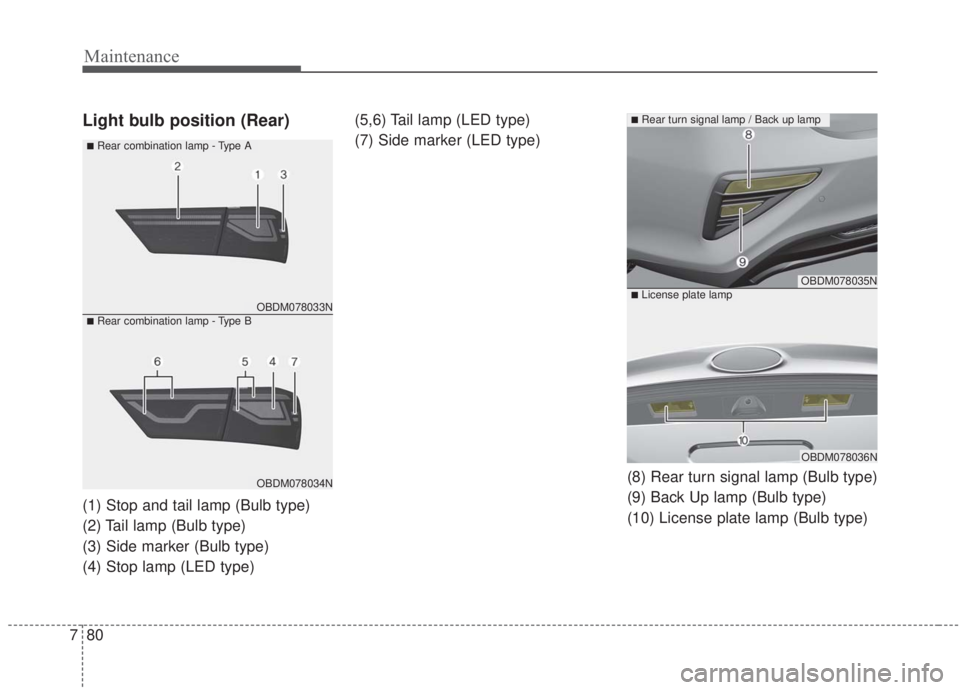 KIA FORTE 2020  Owners Manual Maintenance
80
7
Light bulb position (Rear)
(1) Stop and tail lamp (Bulb type)
(2) Tail lamp (Bulb type)
(3) Side marker (Bulb type)
(4) Stop lamp (LED type) (5,6) Tail lamp (LED type)
(7) Side marker