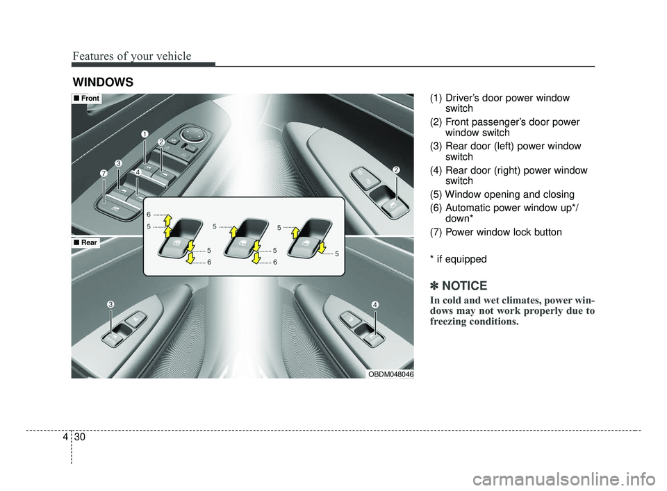 KIA FORTE 2019  Owners Manual Features of your vehicle
30
4
(1) Driver’s door power window
switch
(2) Front passenger’s door power window switch
(3) Rear door (left) power window switch
(4) Rear door (right) power window switc