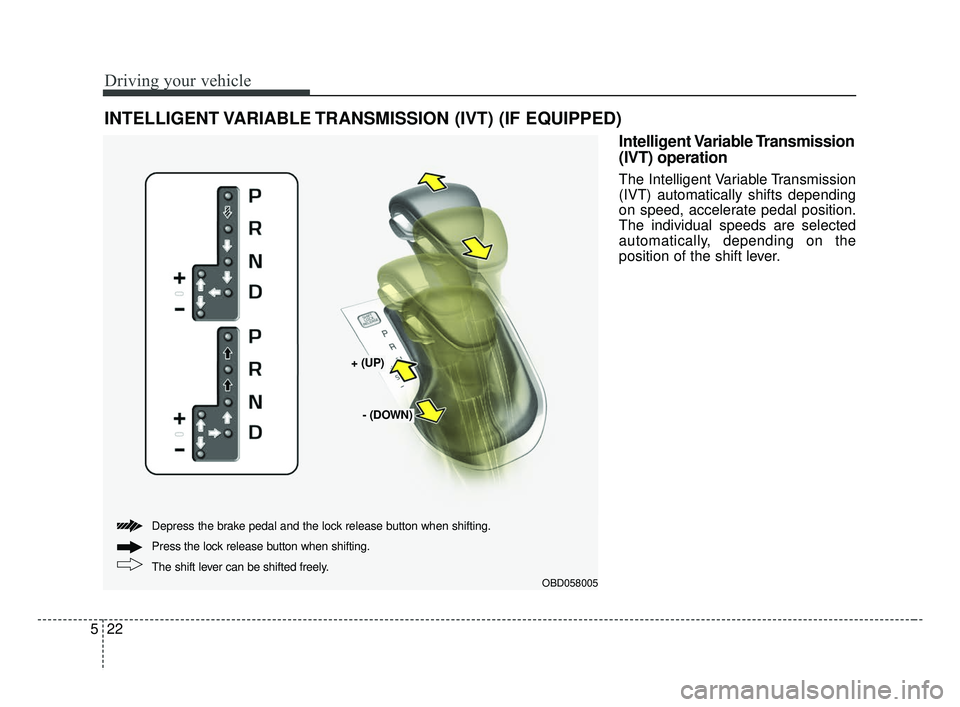 KIA FORTE 2019  Owners Manual Driving your vehicle
22
5
INTELLIGENT VARIABLE TRANSMISSION (IVT) (IF EQUIPPED)
Intelligent Variable Transmission
(IVT) operation
The Intelligent Variable Transmission
(IVT) automatically shifts depen