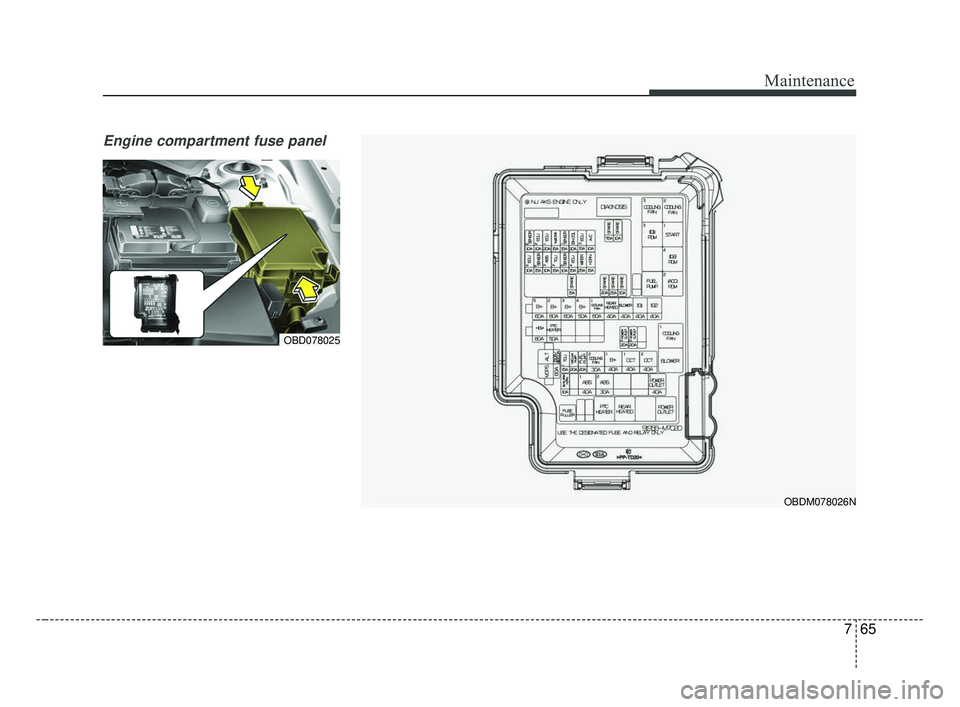 KIA FORTE 2019  Owners Manual 765
Maintenance
Engine compartment fuse panel 
OBDM078026N
OBD078025
BDm CAN (ENG) 7.qxp  7/4/2018  10:25 AM  Page 65 