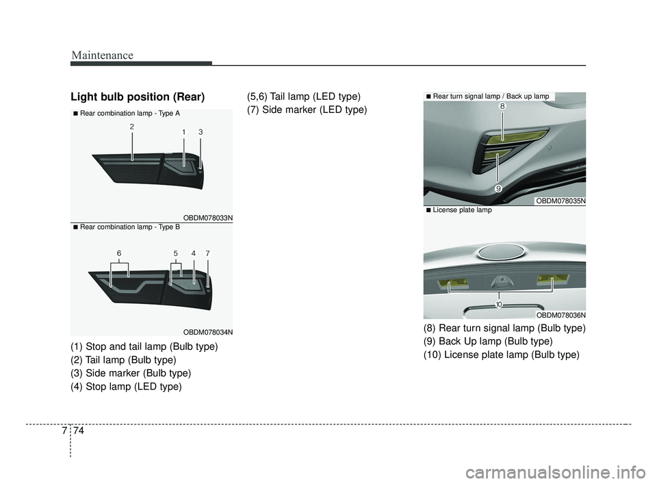 KIA FORTE 2019  Owners Manual Maintenance
74
7
Light bulb position (Rear)
(1) Stop and tail lamp (Bulb type)
(2) Tail lamp (Bulb type)
(3) Side marker (Bulb type)
(4) Stop lamp (LED type) (5,6) Tail lamp (LED type)
(7) Side marker