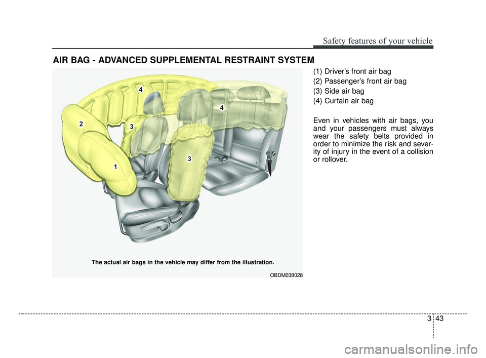 KIA FORTE 2019  Owners Manual 343
Safety features of your vehicle
(1) Driver’s front air bag
(2) Passenger’s front air bag
(3) Side air bag
(4) Curtain air bag
Even in vehicles with air bags, you
and your passengers must alway