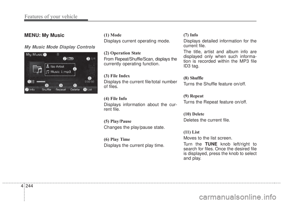 KIA FORTE 2017  Owners Manual 4 244
Features of your vehicle
MENU: My Music
My Music Mode Display Controls
(1) Mode
Displays current operating mode.
(2) Operation State
From Repeat/Shuffle/Scan, displays the
currently operating fu