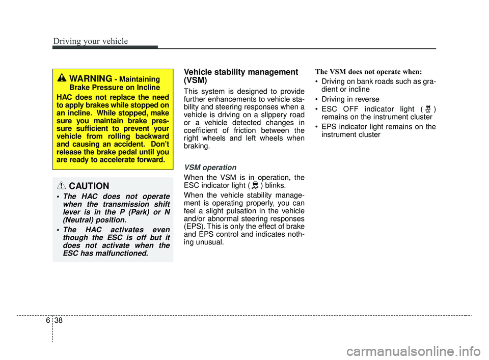 KIA RIO 2020  Owners Manual Driving your vehicle
38
6
Vehicle stability management
(VSM)
This system is designed to provide
further enhancements to vehicle sta-
bility and steering responses when a
vehicle is driving on a slippe