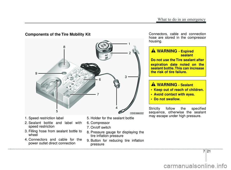 KIA RIO 2020  Owners Manual 721
What to do in an emergency
1. Speed restriction label
2. Sealant bottle and label withspeed restriction
3. Filling hose from sealant bottle to wheel
4. Connectors and cable for the power outlet di