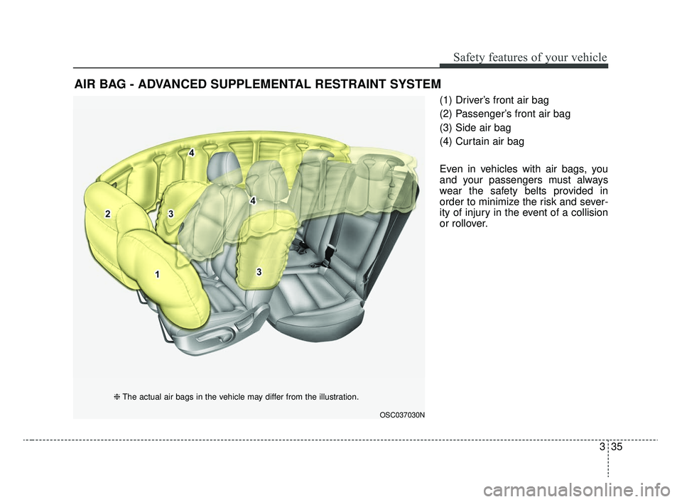 KIA RIO 2020  Owners Manual 335
Safety features of your vehicle
(1) Driver’s front air bag
(2) Passenger’s front air bag
(3) Side air bag
(4) Curtain air bag
Even in vehicles with air bags, you
and your passengers must alway