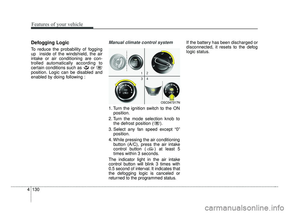 KIA RIO 2019  Owners Manual Features of your vehicle
130
4
Defogging Logic
To reduce the probability of fogging
up  inside of the windshield, the air
intake or air conditioning are con-
trolled automatically according to
certain