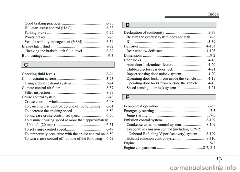 KIA RIO 2018  Owners Manual I3
Index
Good braking practices ..............................................6-35
Hill-start assist control (HAC) ....................................6-33
Parking brake ..............................