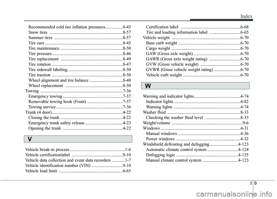 KIA RIO 2018  Owners Manual I9
Index
Recommended cold tire inflation pressures................8-45
Snow tires ..................................................................8-57
Summer tires ..................................
