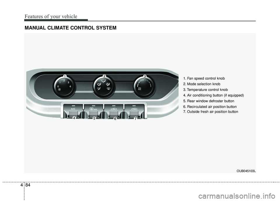 KIA RIO 2017  Owners Manual Features of your vehicle
84
4
MANUAL CLIMATE CONTROL SYSTEM
1. Fan speed control knob
2. Mode selection knob
3. Temperature control knob
4. Air conditioning button (if equipped)
5. Rear window defrost