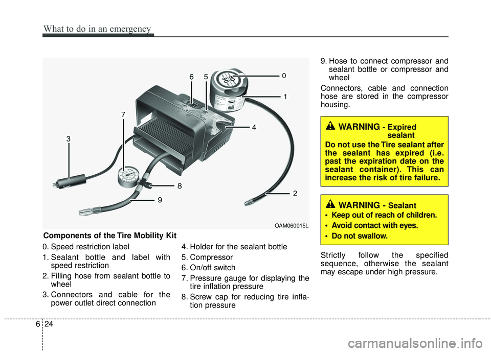 KIA RIO 2017  Owners Manual What to do in an emergency
24
6
0. Speed restriction label
1. Sealant bottle and label with
speed restriction
2. Filling hose from sealant bottle to wheel
3. Connectors and cable for the power outlet 