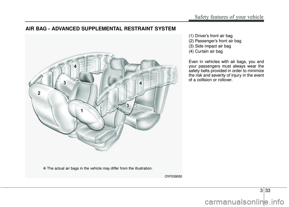 KIA RIO 2017  Owners Manual 333
Safety features of your vehicle
(1) Driver’s front air bag
(2) Passenger’s front air bag
(3) Side impact air bag
(4) Curtain air bag
Even in vehicles with air bags, you and
your passengers mus