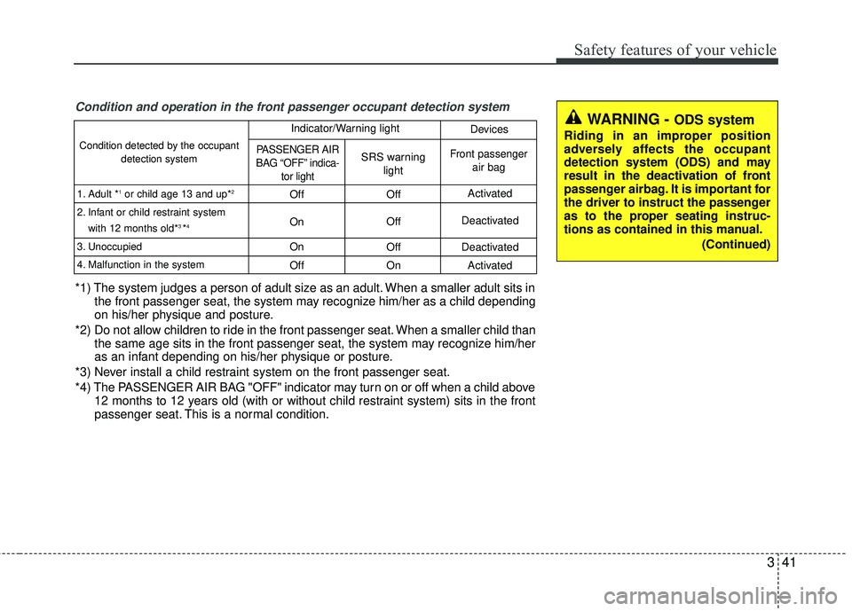 KIA RIO 2017 Owners Manual 341
Safety features of your vehicle
WARNING - ODS system
Riding in an improper position
adversely affects the occupant
detection system (ODS) and may
result in the deactivation of front
passenger airb KIA RIO 2017 Owners Manual 341
Safety features of your vehicle
WARNING - ODS system
Riding in an improper position
adversely affects the occupant
detection system (ODS) and may
result in the deactivation of front
passenger airb