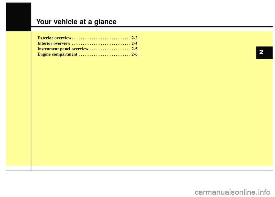 KIA SEDONA 2020  Owners Manual Exterior overview . . . . . . . . . . . . . . . . . . . . . . . . . . . 2-2
Interior overview . . . . . . . . . . . . . . . . . . . . . . . . . . . 2-4
Instrument panel overview . . . . . . . . . . . 