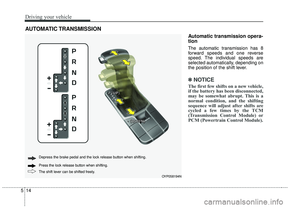 KIA SEDONA 2020  Owners Manual Driving your vehicle
14
5
Automatic transmission opera-
tion
The automatic transmission has 8
forward speeds and one reverse
speed. The individual speeds are
selected automatically, depending on
the p